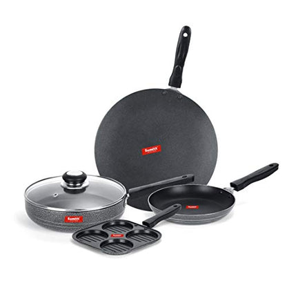 Sumeet NonStick Musta Cookware Set (Mini Multi Snack Maker - 4 Cavity -19.5cm + Frypan with Glass Lid - 1.5Ltr - 22Cm Dia + Tapper pan - 0.6Ltr - 20Cm Dia + Conceve/Roti Tawa - 28Cm Dia)