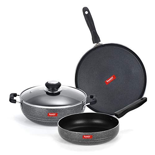 Sumeet NonStick Pilak Cookware Set (Dosa Tawa - 26.5Cm Dia + Kadhai with Glass Lid -2Ltr - 22Cm Dia + Frypan - 1.5Ltr - 22Cm Dia)