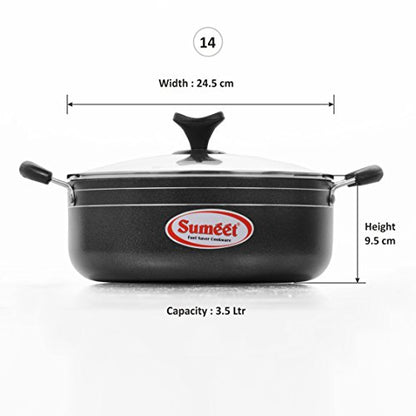 Sumeet 2.6mm Nonstick Casserole with Glass Lid No. -14 24.5cm Dia 3.5 LTR Capacity