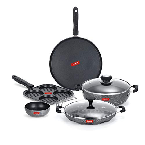 Sumeet NonStick Iswed Cookware Set (Dosa Tawa-26.5Cm Dia+Mini Multi Snack Maker-19.5cm+Kadhai with Glass Lid-22Cm Dia+Grill Appam Patra with Glass Lid-22cm Dia+Waghariya/Tadka pan-10Cm Dia)