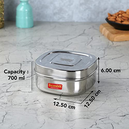 Sumeet Stainless Steel Square Storage containers Box/Dabba for Kitchen, Set of 2Pcs, 700ml, 12.5cm Dia, Silver