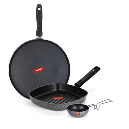 Sumeet NonStick Grau Cookware Set (Dosa Tawa - 26.5Cm Dia + Grill Pan-22cm Dia + Waghariya/Tadka pan - 190Ml - 10Cm Dia)