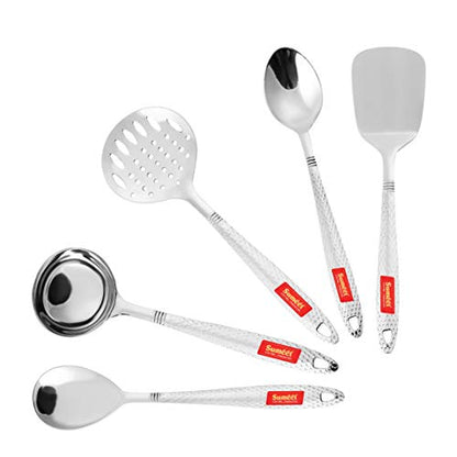 Sumeet Stainless Steel Big Serving and Cooking Spoon Set of 5pc (1 Turner, 1 Serving Spoon, 1 Skimmer, 1 Basting Spoon, 1 Ladle)