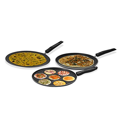 Sumeet 4mm Nonstick Heavy Dosa Tawa, Heavy Concave Tawa & Heavy Multisnack Maker 3pcs Combo Set.