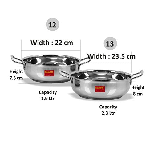 Sumeet Stainless Steel Induction Bottom (Encapsulated Bottom) Induction & Gas Stove Friendly Kadhai Set of 2