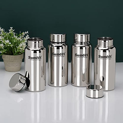 Sumeet Stainless Steel Jointless Akhand Leak-Proof Water Bottle / Fridge Bottle - 600ML Pack of 4, Silver