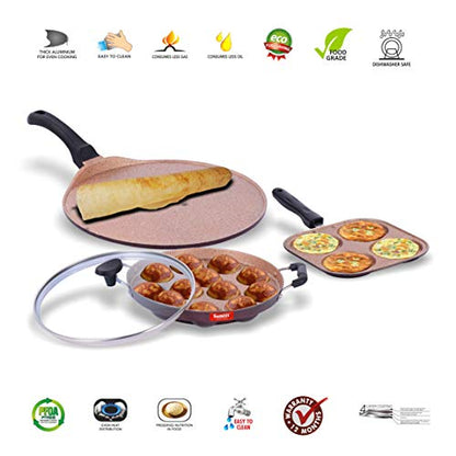 Sumeet Zorro Aluminium Mini Multi Snack Maker, Grill Appam Patra With Lid, Tawa, 3 Piece (Peach)