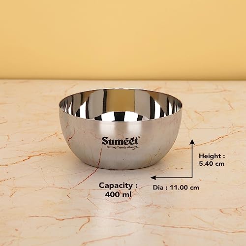 Sumeet Heavy Gauge Stainless Steel Big Size Apple Bowl/Wati/Katori with Mirror Finish – 11cm Dia, Set of 6pc, 400ML Each, Silver