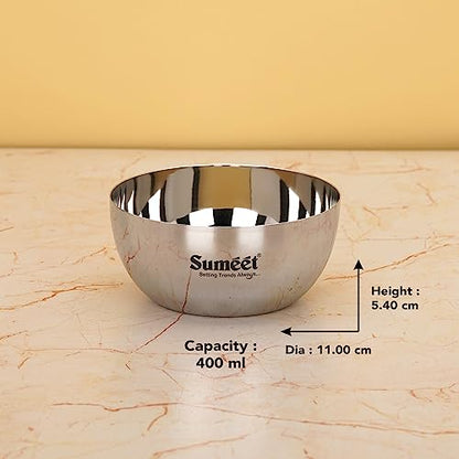 Sumeet Heavy Gauge Stainless Steel Big Size Apple Bowl/Wati/Katori with Mirror Finish – 11cm Dia, Set of 6pc, 400ML Each, Silver