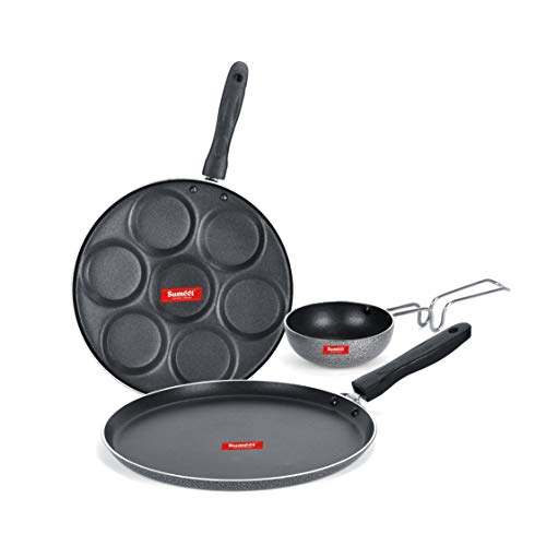 Sumeet NonStick Grisa Cookware Set (Dosa Tawa - 26.5Cm Dia + Multi Snack Maker - 7 Cavity - 26.5Cm Dia + Waghariya/Tadka pan - 190Ml - 10Cm Dia)