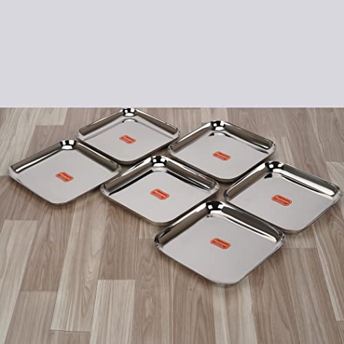 Sumeet Stainless Steel Medium Square Shape Plate/Snacks Plate/Breakfast Plate Set of 6pcs, 17.5cm Dia, Silver