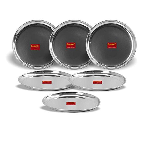 Sumeet Stainless Steel Heavy Gauge Shallow Dinner Plates with Mirror Finish Set of 3pc