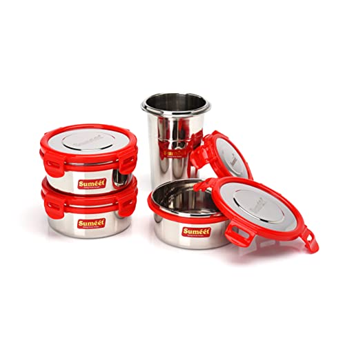 Sumeet Red Meal Statinless Steel Lunch Box Combo 3 Container (350Ml), 1 Tumbler (400Ml)