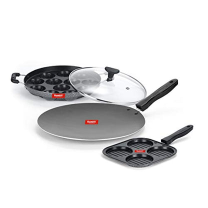 Sumeet NonStick Boz Cookware Set (Mini Multi Snack Maker - 4 Cavity -19.5cm + Grill Appam Patra with Glass Lid - 12 Cavity - 22cm Dia + Conceve/Roti Tawa - 28Cm Dia)