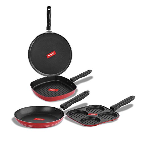 Sumeet 2.6mm Thick Non-Stick SOR Cookware Set (Dosa Tawa – 26.5cm Dia + Mini Multi Snack Maker – 19.5cm Dia + Grill Pan – 1.1Ltr Capacity – 22cm Dia + Tapper pan – 20cm Dia)