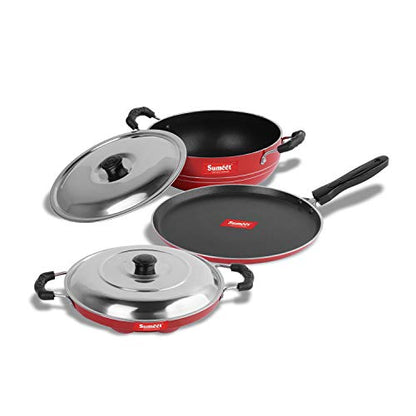 Sumeet 2.6mm Thick Non-Stick Red Crown Combo Set (Dosa Tawa – 26.5cm Dia + Kadhai with Lid – 1.5Ltr Capacity- 20cm Dia + Grill Appam Patra with Lid – 23cm Dia)