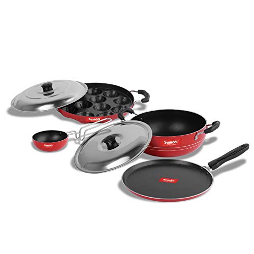 Sumeet 2.6mm Thick Non-Stick Rood Cookware Set (Dosa Tawa – 26.5cm Dia + Kadhai with Lid – 1.5Ltr Capacity- 20cm Dia + Grill Appam Patra with Lid – 23cm Dia + Tadka Pan – 10cm Dia)