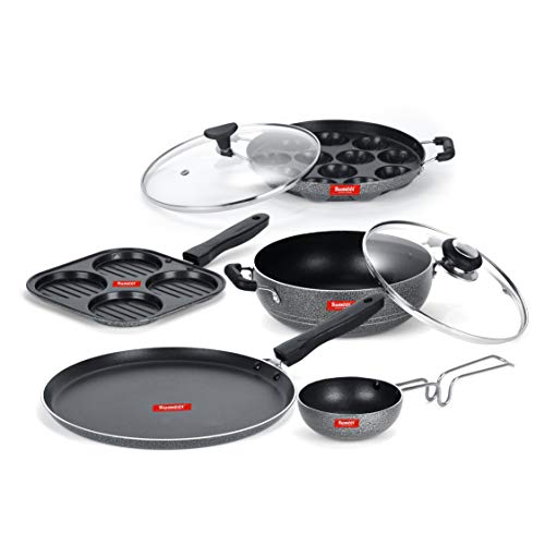 Sumeet NonStick Iswed Cookware Set (Dosa Tawa-26.5Cm Dia+Mini Multi Snack Maker-19.5cm+Kadhai with Glass Lid-22Cm Dia+Grill Appam Patra with Glass Lid-22cm Dia+Waghariya/Tadka pan-10Cm Dia)