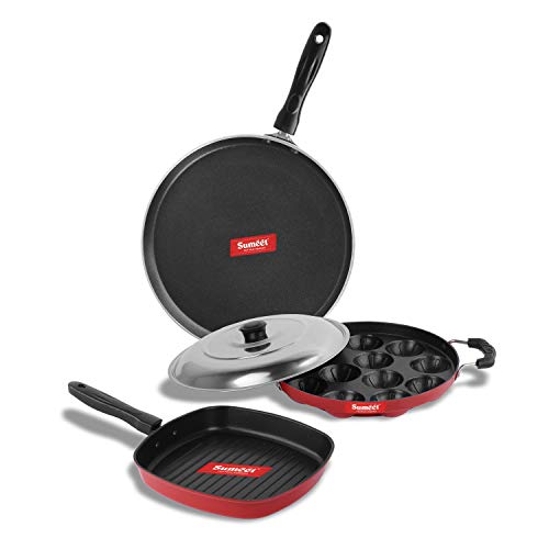 Sumeet 2.6mm Thick Non-Stick Maroon Combo Set (Dosa Tawa – 26.5cm Dia + Grill Appam Patra with Lid – 23cm Dia + Grill Pan – 1.1Ltr Capacity – 22cm Dia)