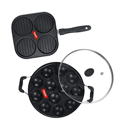 Sumeet NonStick Twin Star Cookware Set (Grill Appam Patra with Glass Lid - 12 Cavity - 22cm Dia + Mini Multi Snack Maker - 4 Cavity -19.5cm)