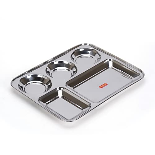 Package: Sumeet Stainless Steel Rectangular 5 in 1 Compartment Lunch / Dinner Plate 1Pc, 37.4cm Dia, Silver