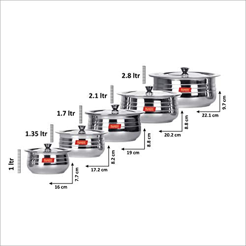 Sumeet Stainless Steel Cook and Serve 5pc Handi Set with Lids 1 L, 1.35L, 1.7L, 2.1L, 2.8L