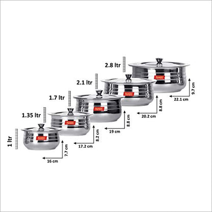 Sumeet Stainless Steel Cook and Serve 5pc Handi Set with Lids 1 L, 1.35L, 1.7L, 2.1L, 2.8L