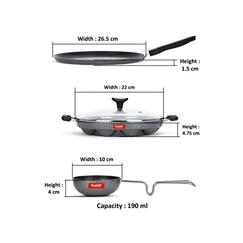 Sumeet NonStick Hall Cookware Set (Dosa Tawa - 26.5Cm Dia + Grill Appam Patra with Glass Lid - 12 Cavity - 22cm Dia + Waghariya/Tadka pan - 190Ml - 10Cm Dia)