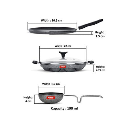 Sumeet NonStick Hall Cookware Set (Dosa Tawa - 26.5Cm Dia + Grill Appam Patra with Glass Lid - 12 Cavity - 22cm Dia + Waghariya/Tadka pan - 190Ml - 10Cm Dia)