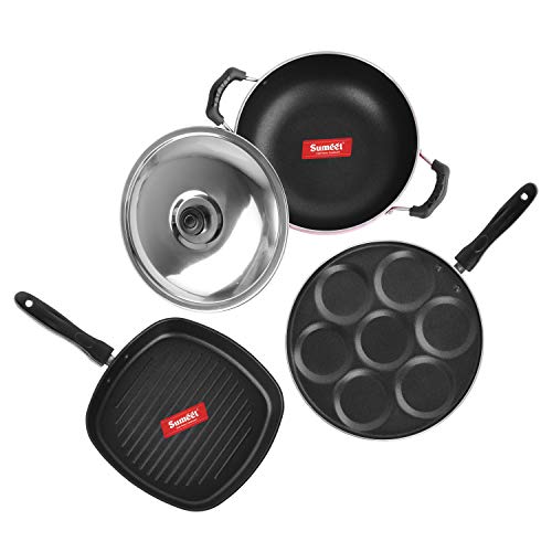 Sumeet 2.6mm Thick Non-Stick Go Red Combo Set (Multi Snack Maker – 26.5cm Dia + Kadhai with Lid – 1.5Ltr Capacity- 20cm Dia + Grill Pan – 1.1Ltr Capacity – 22cm Dia)