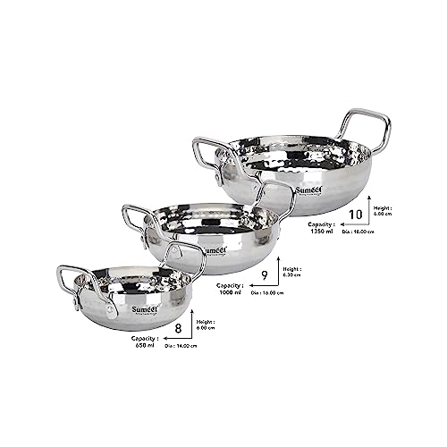 Sumeet Stainless Steel Handcrafted Hammered Mathar Kadai for Kitchen, 650ML, 1000ML & 1350ML, 14cm, 16cm & 18cm Dia, Pack of 3, Silver