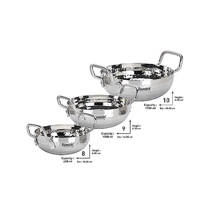 Sumeet Stainless Steel Handcrafted Hammered Mathar Kadai for Kitchen, 650ML, 1000ML & 1350ML, 14cm, 16cm & 18cm Dia, Pack of 3, Silver