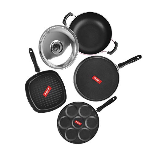 Sumeet 2.6mm Thick Non-Stick Sienna Cookware Set (Dosa Tawa – 26.5cm Dia + Multi Snack Maker – 26.5cm Dia + Kadhai with Lid – 1.5Ltr Capacity- 20cm Dia + Grill Pan – 1.1Ltr Capacity – 22cm Dia)