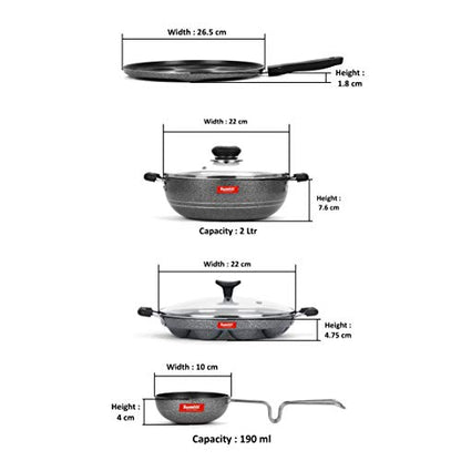 Sumeet NonStick Nero Cookware Set(Multi Snack Maker-7 Cavity-26.5Cm Dia+Kadhai with Glass Lid-2Ltr-22Cm Dia+Grill Appam Patra with Glass Lid-12 Cavity-22cm Dia+Waghariya/Tadka pan-190Ml-10Cm Dia)