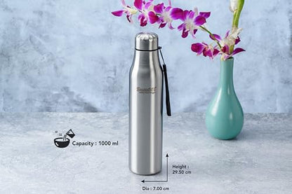 Sumeet Alpha-Aqua Stainless Steel Leak Proof Water Bottle Office/School/College/Gym/Picnic/Home/Fridge - 1 Litre |Pack of 1| Silver