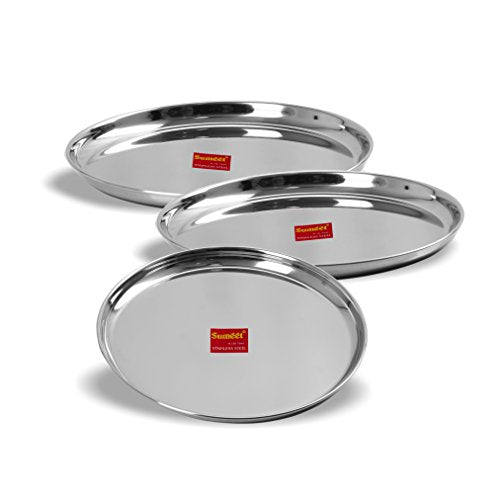 Sumeet Stainless Steel Heavy Gauge Dinner Plates with Mirror Finish - Set of 3pc