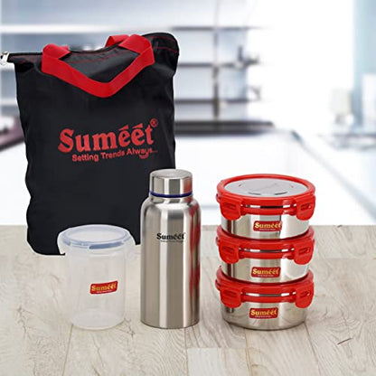 Sumeet Lunch Bag with 3 Stainless Steel Containers 400ML Each, 1 Water Bottle - 600ML, and 1 Tumbler - 350ML, Set of 6.