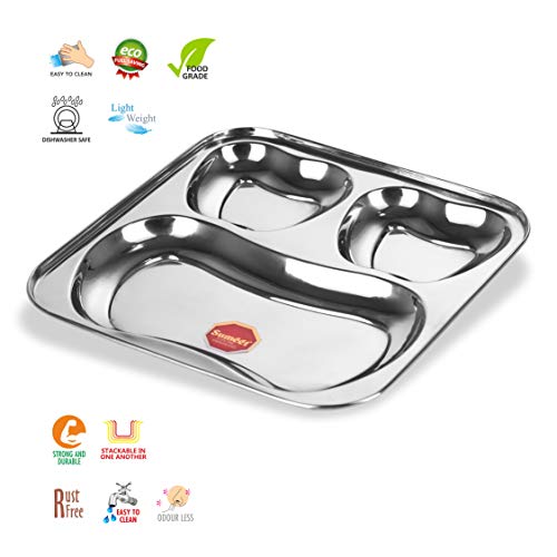 Sumeet Stainless Steel 3 in 1 Pav Bhaji Plate/Compartment Plate 24.5cm Dia