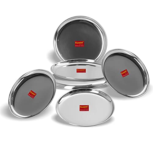 Sumeet Stainless Steel Heavy Gauge Shallow Salad Plates with Mirror Finish 18.5 cm Dia - Set of 6pc