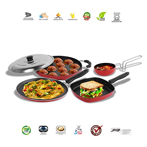 Sumeet 2.6mm Thick Non-Stick Marpo Cookware Set (Dosa Tawa – 26.5cm Dia + Grill Appam Patra with Lid – 23cm Dia + Grill Appam Patra with Lid – 23cm Dia + Tadka Pan – 10cm Dia)