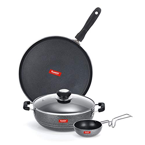 Sumeet NonStick Volafotsy Cookware Set (Dosa Tawa - 26.5Cm Dia + Kadhai with Glass Lid -2Ltr - 22Cm Dia + Waghariya/Tadka pan - 190Ml - 10Cm Dia)