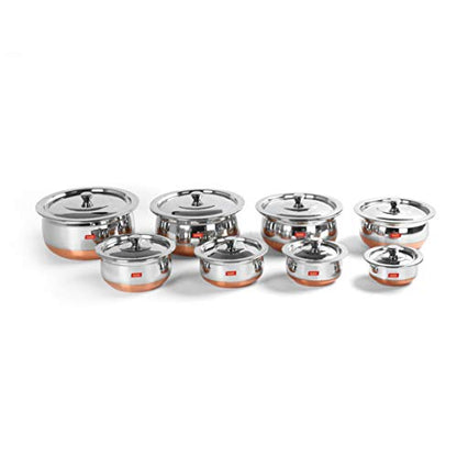 Sumeet Stainless Steel Copper Bottom 8 Pc Handi / Cookware/ Servware Pot Set with Lid 360ML, 500ML, 800ML, 1Ltr, 1.250Ltr, 1.650Ltr (Silver)