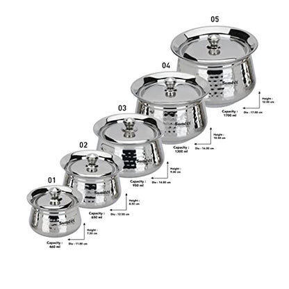 Sumeet Stainless Steel Handcrafted Hammered Texture Handi Set with Lid for Kitchen, Set of 5, 460ml, 650ml, 950ml, 1300ml & 1700ml, Silver