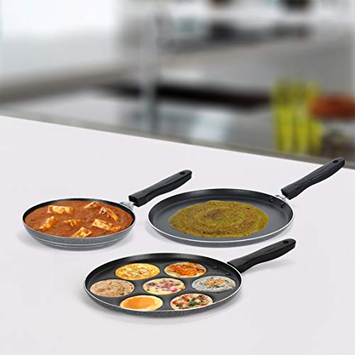 Sumeet NonStick Llwyd Cookware Set (Dosa Tawa - 26.5Cm Dia + Tapper pan - 0.6Ltr - 20Cm Dia + Multi Snack Maker - 7 Cavity - 26.5Cm Dia)