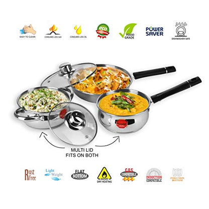 Sumeet Stainless Steel Induction and Gas Stove Compatible Cookware Set with Encapsulated Bottom - Combo of 3 with Multi Lid Concept (Fry Pan with Glass Lid 1 LTR- Saucepan 1 LTR - Casserole - 1 LTR)