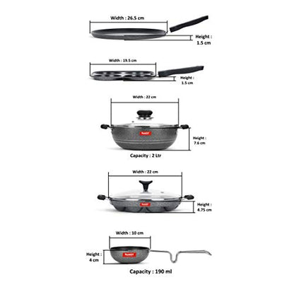 Sumeet NonStick Iswed Cookware Set (Dosa Tawa-26.5Cm Dia+Mini Multi Snack Maker-19.5cm+Kadhai with Glass Lid-22Cm Dia+Grill Appam Patra with Glass Lid-22cm Dia+Waghariya/Tadka pan-10Cm Dia)