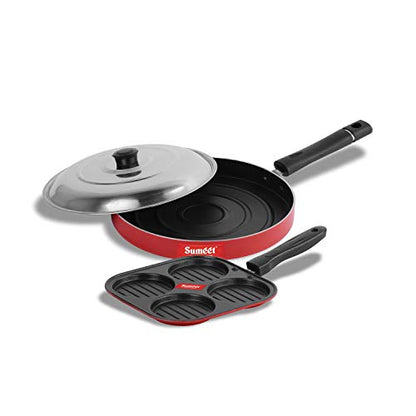 Sumeet 2.6mm Thick Non-Stick Merlot Cookware Set (Mini Multi Snack Maker – 19.5cm Dia + Pizza Pan – 23cm Dia)