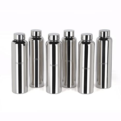 Sumeet Stainless Steel Jointless Akhand Leak-Proof Water Bottle / Fridge Bottle - 1000ML Set of 6, Silver