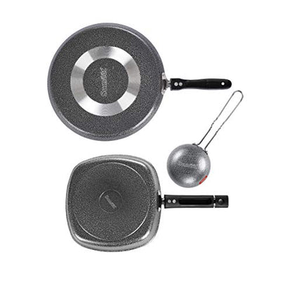 Sumeet NonStick Grau Cookware Set (Dosa Tawa - 26.5Cm Dia + Grill Pan-22cm Dia + Waghariya/Tadka pan - 190Ml - 10Cm Dia)