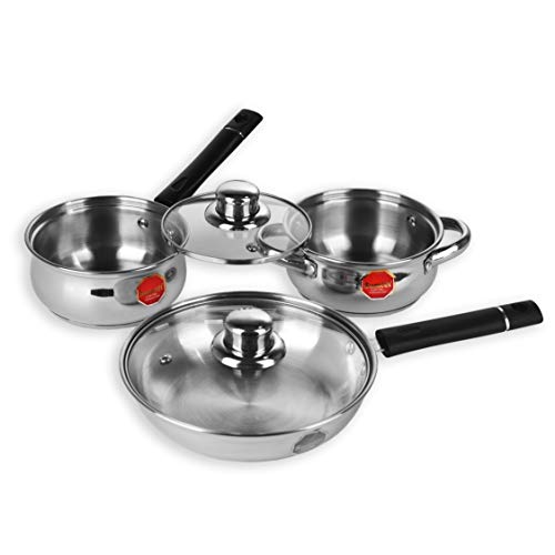 Sumeet Stainless Steel Induction and Gas Stove Compatible Cookware Set with Encapsulated Bottom - Combo of 3 with Multi Lid Concept (Fry Pan with Glass Lid 1 LTR- Saucepan 1 LTR - Casserole - 1 LTR)